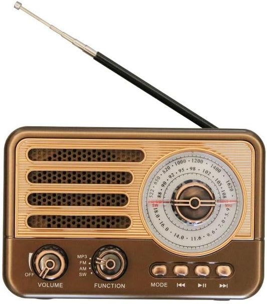 YIONGTAF MP3 Retro AM/FM Portable Radio with Player, Rechargeable Battery, LED Light, Wood Grain Design
