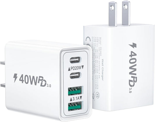Cysfakun [2-Pack] Block,40W Cube,4-Port 15/14/13/12/11/Pro Max/XS/XR/8/7,iPad, USB C Charger Wall Plus Fast Charging