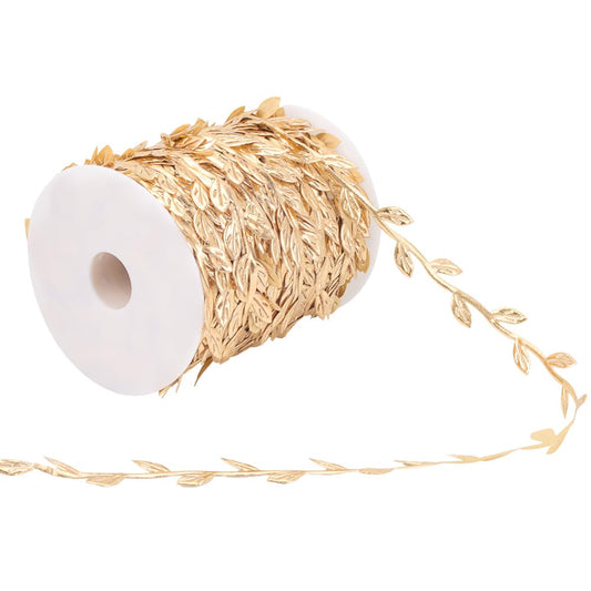 CABODYALS 100 Yards Gold Leaves Trim Rope Ribbon Artificial Metallic Glitter Golden Leaf String Vine Spool Decorative Garland Fabric Ribbons Bulk for Sewing Making Gift Wrapping Wreaths Wedding Crafts