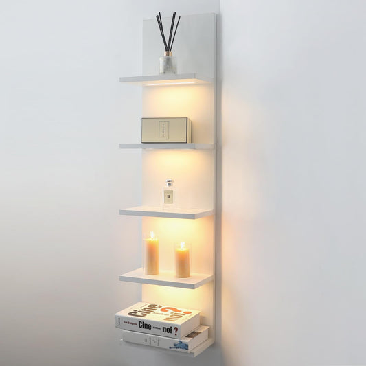 AskTag 5 Tier Wall Shelf Unit, White Shelves,Lack Shelf, Wall Shelves for Bedroom，Office,Bathroom, Vanity Shelves with LED Light