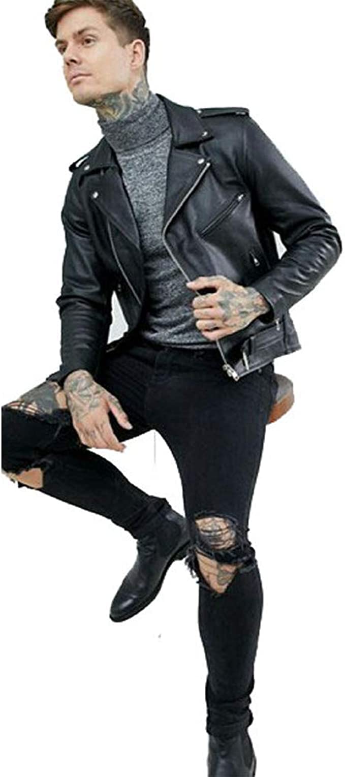 Lishow Fashion Men's Biker Rider Motorcycle Motorbike Rocker Retro Genuine Cowhide Leather jacket By Reclaimed Vintage (US, Alpha, XX-Small, Regular, Regular, Black)