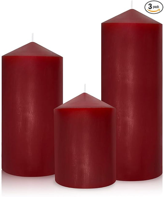 Dripless 3x4 3x6 3x8 Inch Red Burgundy Pillar Candles, 3 Packs Unscented Long Lasting Large Solid Colored Different Sizes Cylinder Column Candles for Home Table Decor Power Outage Emergency