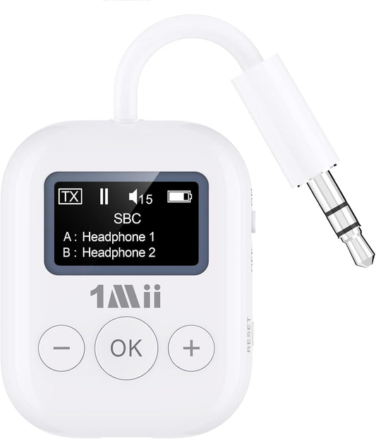 1Mii 5.3 2 25H 3.5mm MP3, Bluetooth Transmitter w/Screen for TV to Headphones, aptX AD/LL/HD Hi-Fi Audio, Playtime, AUX