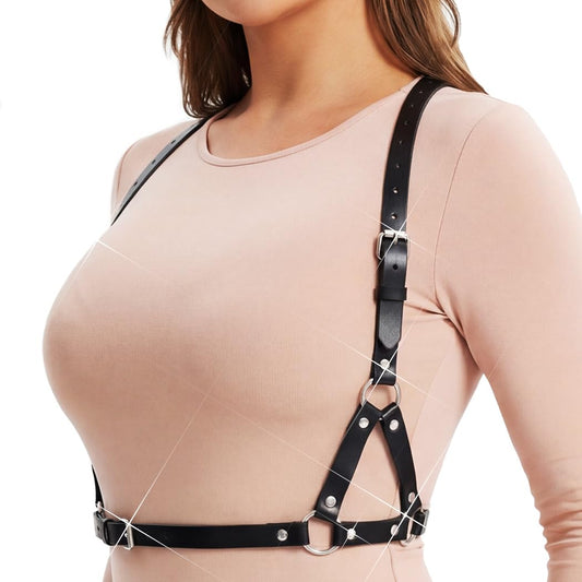 BODIY Black Leather Harness Belt Fashion Plus Size Body Harness Adjustable Chest Belt for Women (Single-layer black)
