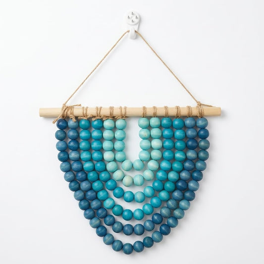 Boho Wooden Bead Garland Wall Hanging Tapestry Ombre Blue Gradient Handmade Wood Beaded Macrame Wall Art Natural Theme Wall Decor for Living Room Bedroom Nursery Dorm Coastal Home Office Decoration