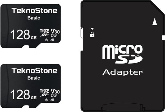 Teknostone 128GB 90MB/s 50MB/s C10 U3 V30 A1 (2 Packs) Basic MicroSDXC Flash Memory with Adapter Read Write UHS-I Rated