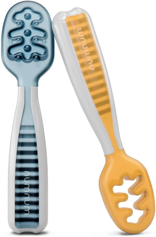NumNum Baby Spoons Set - Pre-Spoon GOOtensils for Self-Feeding | BPA-Free Silicone Utensils, 2 Pack Blue/Orange