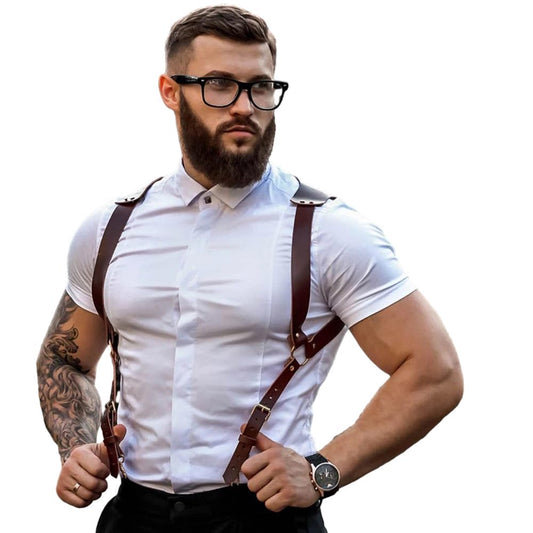 BaronHong PU Leather Renaissance Suspenders,Vintage Men's Back Support Harness,Metal Hooks for Men,Steampunk,Handmade(brown,M)