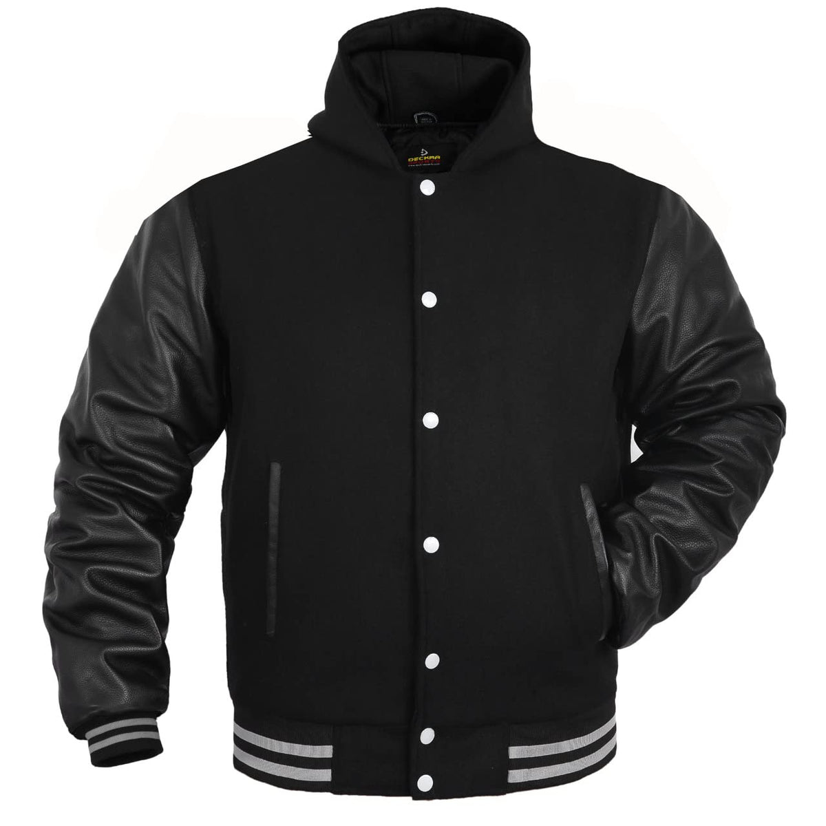 Deckra Men's Varsity Jacket Genuine Leather Sleeve and, All Black(Hoodie), Size Medium