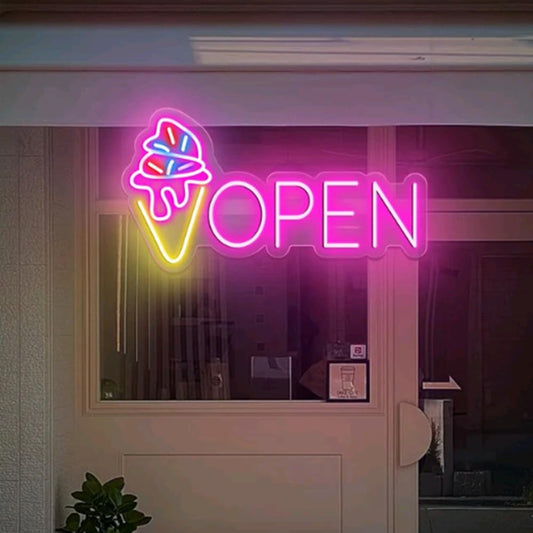 Neon Open Ice Cream Open Sign,IceCream Led Neon Sign,Pink Light Up Neon Sign,Ice Cream Car Led Sign, Signage Gift for Opening Size:20inches