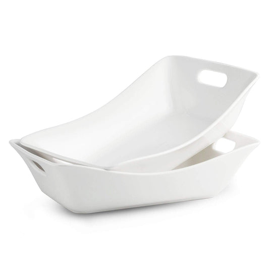 YHOSSEUN Large Serving Bowls with Handles White Serving Dishes For Entertaining, 1.5 Quarts Ceramic Bowl Set Rectangle Serving Platter for Thanksgiving, 2 Pack