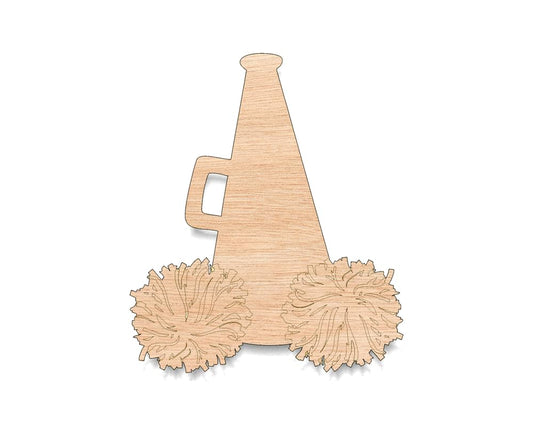 Unfinished Wood for Crafts - Megaphone with Pom Poms - Large & Small - Pick Size - Unfinished Wood Cutout Shapes Sports Cheerleader Cheer Leading Team - Various Size, 1/8 Inch Thickness, 1 Pcs