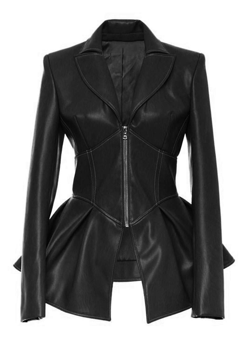 Women's Fashion Perfectly Shaping Zip Up Long Sleeves Faux Leather Biker Jacket Black LXL/L 885