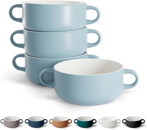 Kook Ceramic Soup Crocks - Oven & Microwave Safe Bowls with Handles | 18 oz, Set of 4 (Pale Blue)