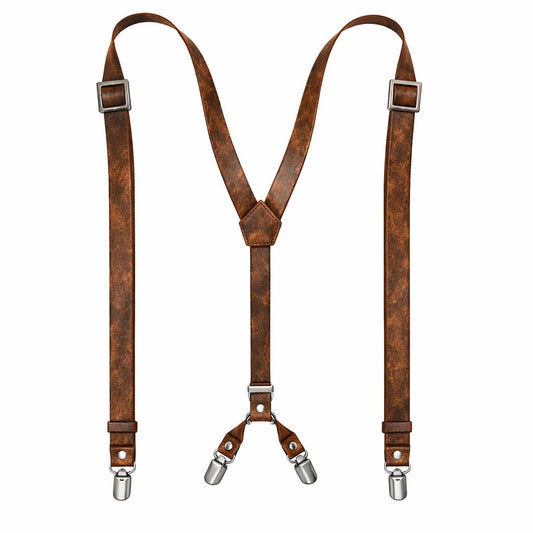Voolup Leather Suspenders for Men – Y-Back Adjustable Heavy Duty Suspenders with 4 Strong Metal Clips | Genuine Full-Grain Leather | Perfect Groomsmen Gift for Wedding | Rustic Brown
