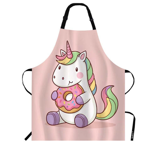 Beabes Rainbow Unicorn Eating Tasty Donuts Bib Apron Adjustable Neck Strap Cartoon Animal Colorful Mane Polyester Work Apron Crafting BBQ Drawing Chef Waitress 27" X 31"