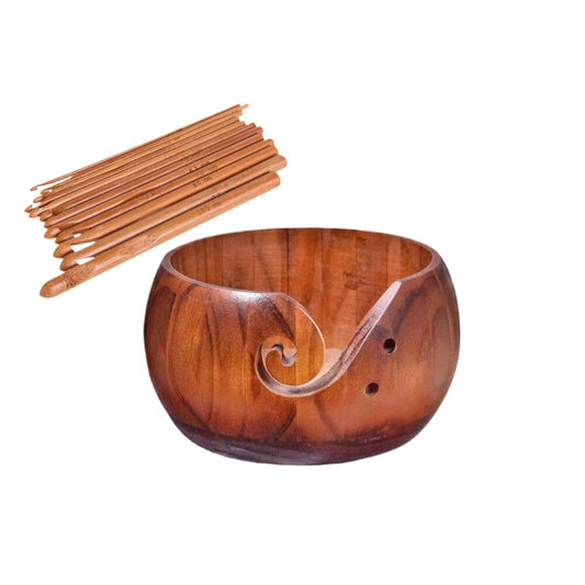 Natural Wooden Yarn Bowl with 12Pcs Crochet Hooks, Wood Thread Bowl Set for Knitters, Large Yarn Holder Storage Dispenser for Knitting DIY Crafts Tools Mother's Day Gift (Brown)