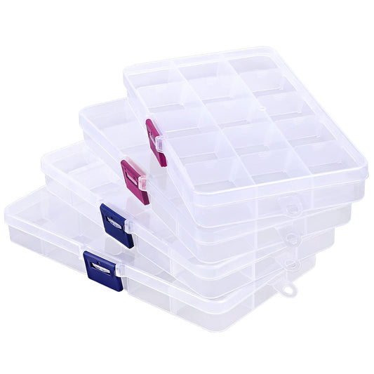 Cosics Rhinestone Organizer Storage Box, 4PCS 15-Grid Small Clear Plastic Jewelry Case, Empty Container Dividers for Nail Art Craft Accessory, Display Holder for Fishing Tackle, Bead, Charms, Sewing