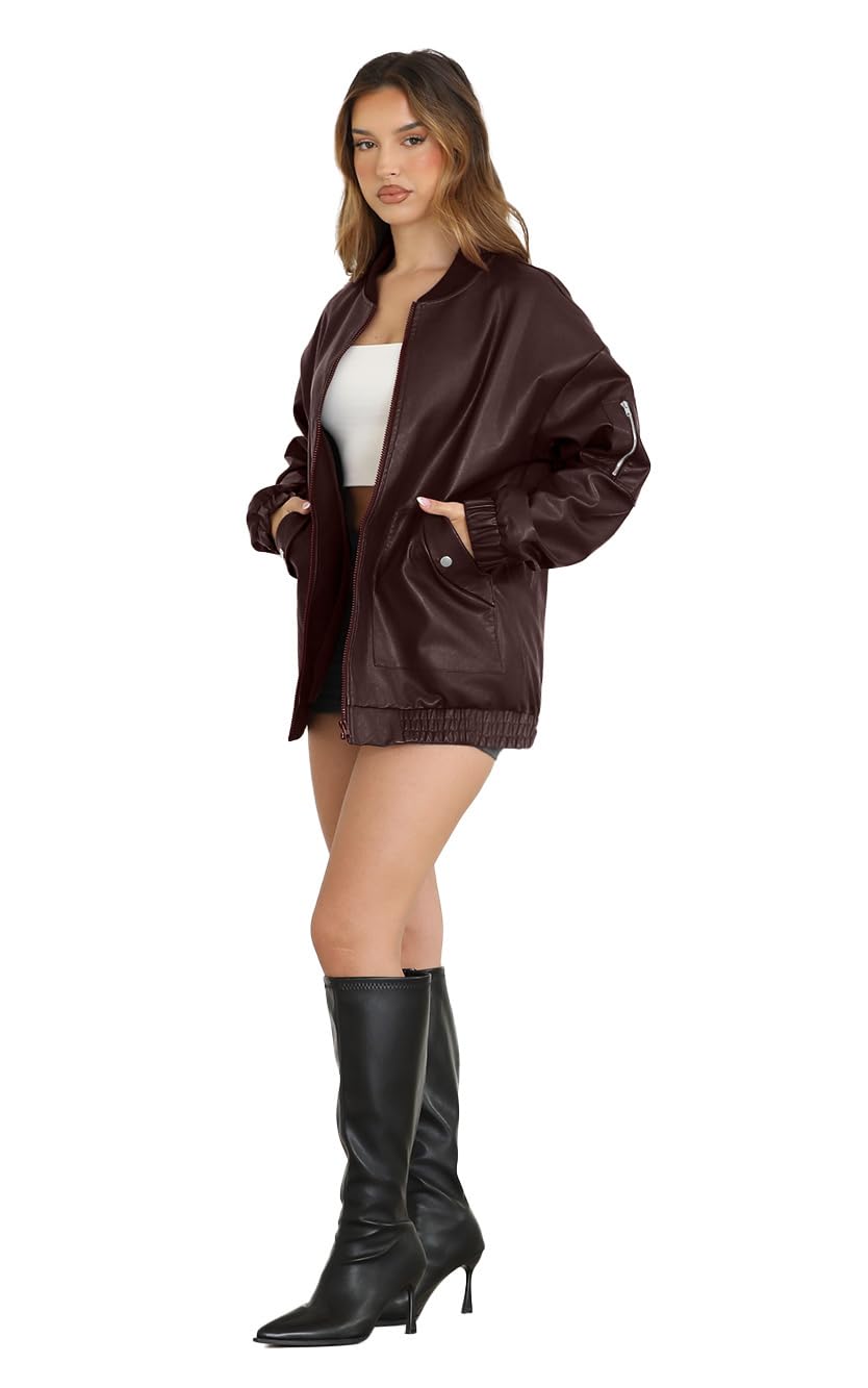XIEERDUO Leather Jacket Women Faux Oversized Motorcycle Bomber Coats 2025 Fall Fashion Outfits Winter Clothes Dark Coffee S