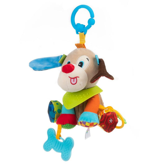 Balibazoo Puppy Paul Hanging Baby Toy for 0-24M - Developmental Sensory Activity Toy | Crinkle, Rattle, BPA-Free Silicone Teethers | Clip for Stroller, Car Seat | Soft Plush Newborn Gift