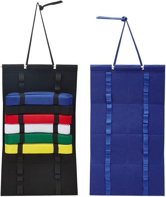 PLIGREAT 2 Pack Karate Belt Display Rack, 12 Belts Taekwondo Belts Display Felt Martial Arts Belt Organizer with Wood Frame for Martial Art Learners, Black & Blue