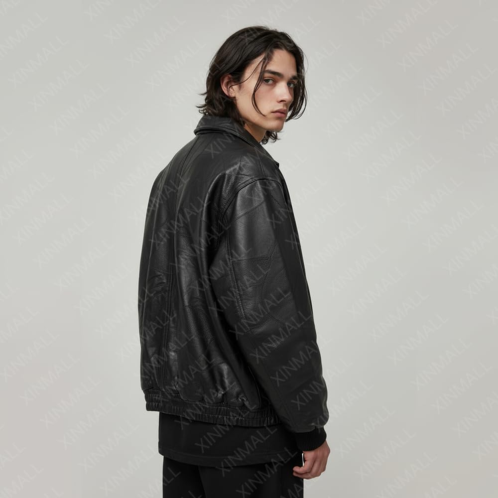 XINMALL Men’s Genuine Leather Motorcycle Jacket Black Bomber Style Zip-Up Baseball Collar Biker Leather Coat (US, Alpha, Medium, Regular, Regular)