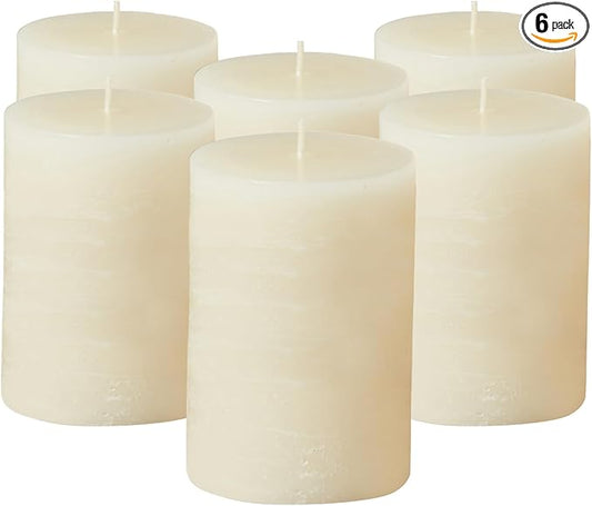 Simply Soson 3x4 inch Ivory Pillar Candles Set of 6, Rustic Texture, Unscented Ivory Candles, Dripless Candles, 3 inch Pillar Candles Ideal as Wedding, Parties, Spas, Dinner, Home Decoration, Church
