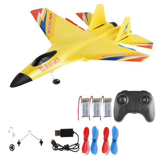Yellow SU-27 RC Fighter Jet, Remote Control Airplane with Stunt Flight, Anti-Crash Foam Aircraft Model for 14+ Ages Teens and Adults, 2.4GHz Remote Control, 3 Batteries for Extended Flight Time