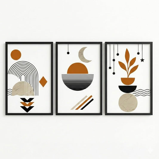 Throwback Traits Boho Abstract Wall Art Set of 3 Framed Prints 20x30, Celestial Moon Botanical Living Room Decor, Terracotta Earth Tones Gallery Wall Set, Ready to Hang