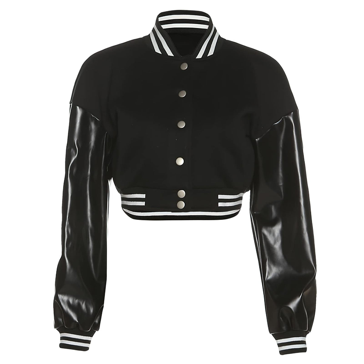 Xaspee Women's Casual Baseball Jacket Faux Leather Colorblock Button Crop Bomber Jacket