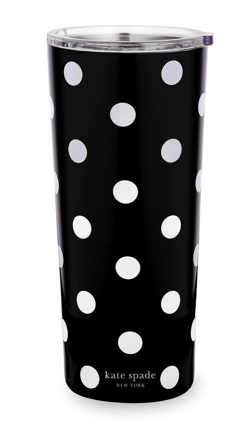 kate spade new york Cute Stainless Steel Mug, 24 Ounce Travel Tumbler, Double Wall Insulated Cup with Lid, Picture Dot (Black/White)