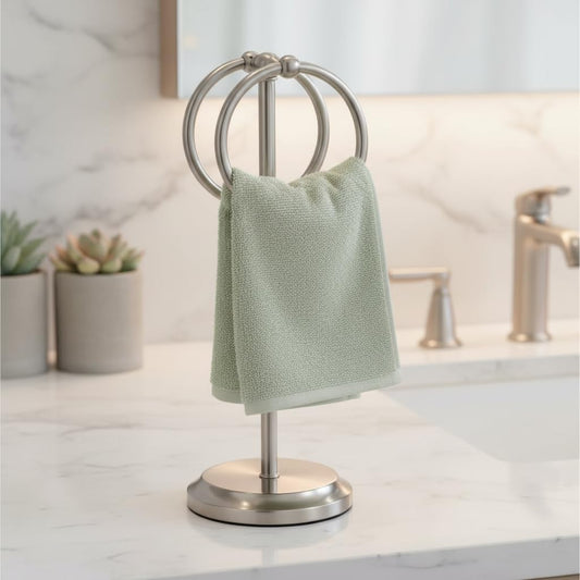 J&V TEXTILES Steel Towel Rack Holder Stand with 2 Hanging Rings for Bathroom Vanity Countertops - Space Saving Hand Towel Holder (Brushed Satin Nickel)