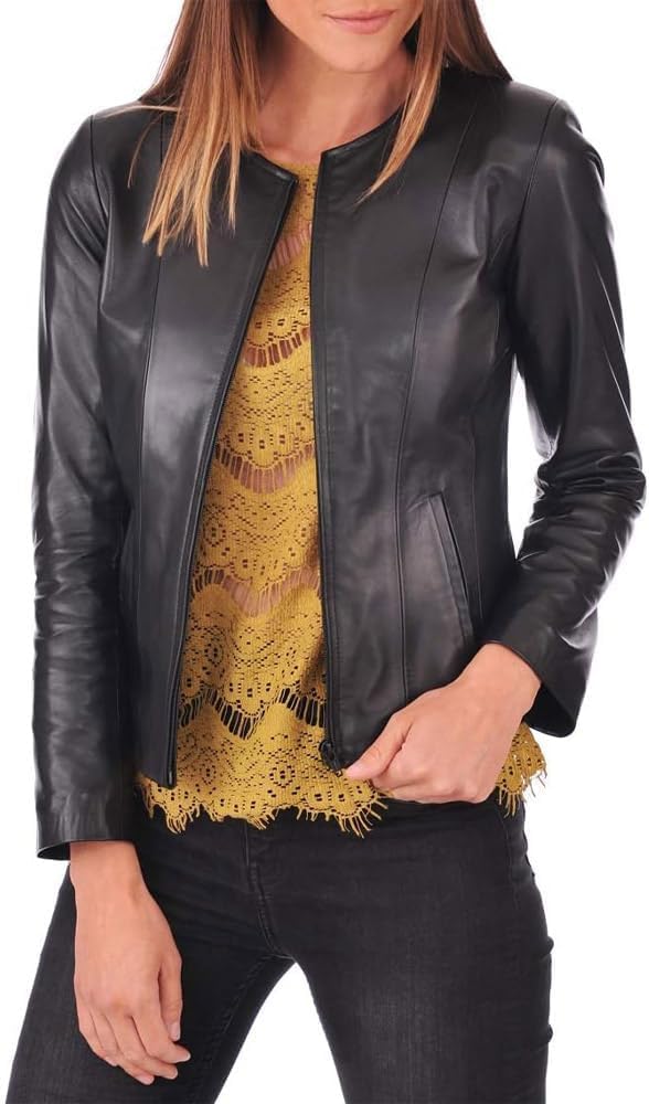 Desired Jackets Womens Leather Jacket - Real Lambskin Cafe Racer Style Leather Jackets For Women (US, Alpha, Small, Regular, Regular, Black)