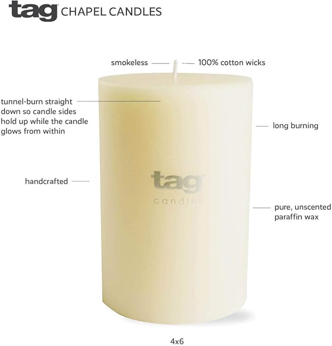 TAG Chapel 3X12 Ivory Pillar Paraffin Wax Candle Unscented Drip-Free Long Burning 175 Hours for Home Decor Wedding Parties Dining Dinner Kitchen Table Tabletop Living Room End Table Decor Decoration