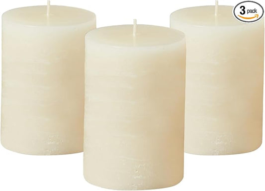 Simply Soson 3x4 inch Ivory Pillar Candles Set of 3, Rustic Texture, Unscented Ivory Candles, Dripless Candles, 3 inch Pillar Candles Ideal as Wedding, Parties, Spas, Dinner, Home Decoration, Church