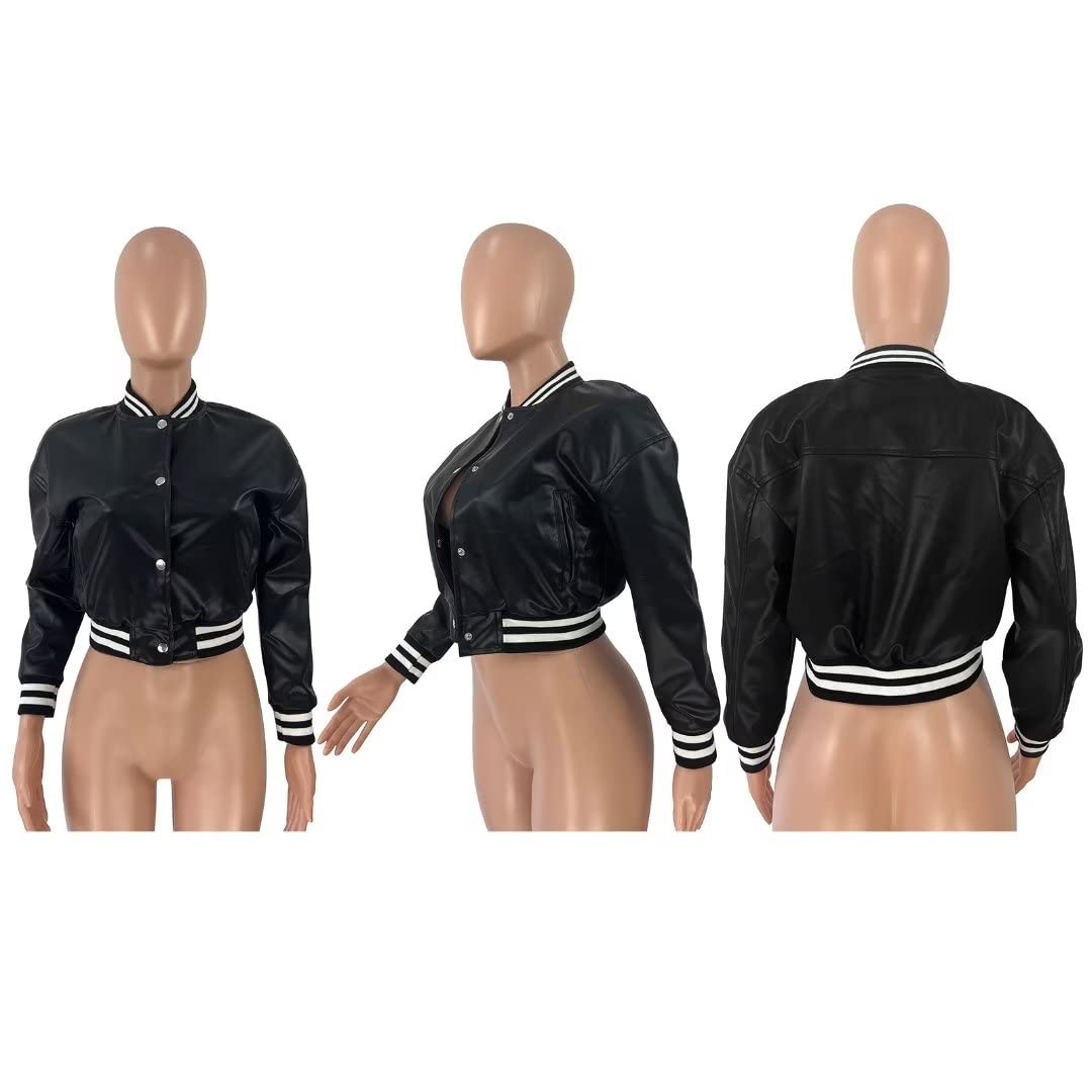 Mintsnow Faux Leather Jacket Women Long Sleeve Crop Bomber Jacket Casual Button Down Baseball Coat Outerwear with Pockets