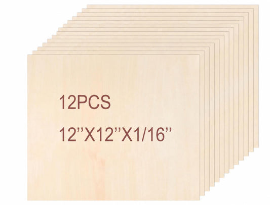 Plywood Sheets, 12 Pack, 12"x12"x1/16, Natural Wood, Craft Project Boards (1.6mm)
