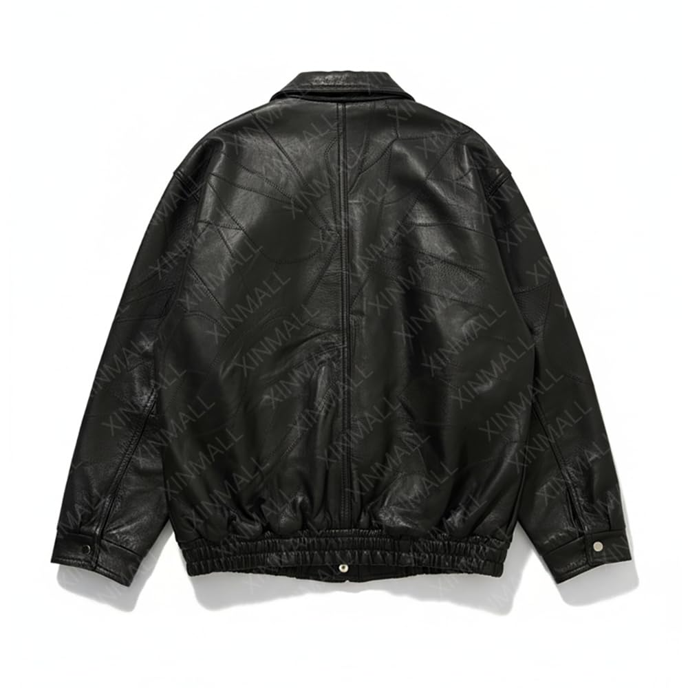 XINMALL Men’s Genuine Leather Motorcycle Jacket Black Bomber Style Zip-Up Baseball Collar Biker Leather Coat (US, Alpha, 3X-Large, Regular, Regular)