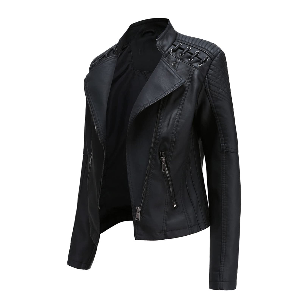 MODFUL Women's Faux Leather Moto Jacket Casual Short Solid Color PU Biker Coat with Pockets(Black,Large)