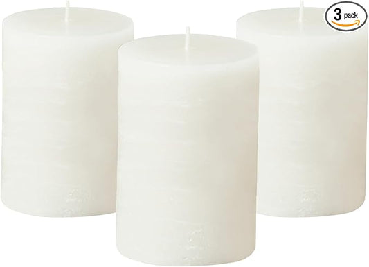 Simply Soson 3x4 inch White Pillar Candles Set of 3, Rustic Texture, Unscented White Candles, Dripless Candles, 3 inch Pillar Candles Ideal as Wedding, Parties, Spas, Dinner, Home Decoration, Church