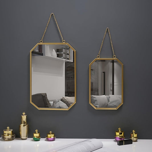 KKTAPOS Gold Mirrors for Wall - 2pcs/Set Metal Hexagon Mirror Room Decor & Home Decor Decorative Hanging Boho Mirror Wall Decor for Bedroom Living Room Entryway (Square)