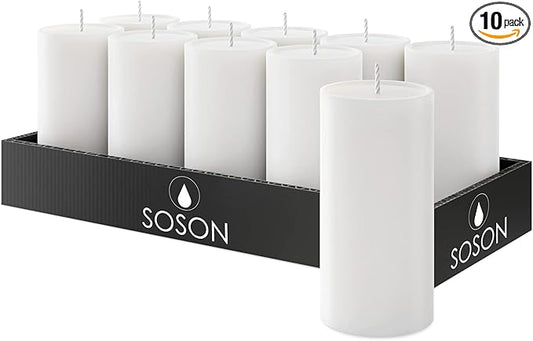 Simply Soson 2x4 inch White Pillar Candles Set of 10, Smooth Texture, Unscented White Candles, Dripless Candles, 2 inch Pillar Candles Ideal as Wedding, Parties, Spas, Dinner, Home Decoration