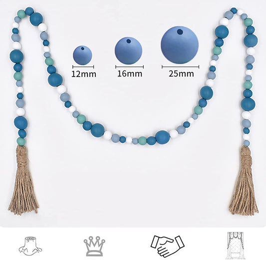 2Pack Wooden Bead Garland with Tassels, Honeycomb Wooden Bead Spring and Summer Wooden Beaded Garland Country Farmhouse Home Decoration for Tiered Pallet Rack Display (Ocean)