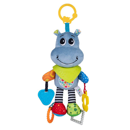 Balibazoo Hippo Hanging Baby Activity Toy – Soft Plush Sensory Toy with 3 BPA-Free Silicone Teethers, Crinkle Ears & Hidden Bell | Clip for Stroller and Car Seat | Developmental Toy 0-24M | Gift