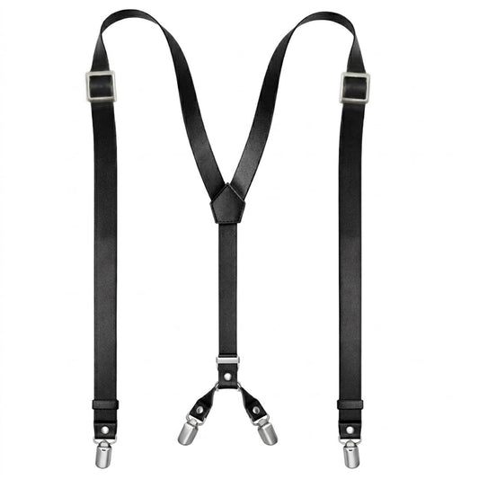 Voolup Leather Suspenders for Men Y-Back Adjustable with 4 Metal Clips Genuine Brown Wedding Groomsmen Gift (Black)