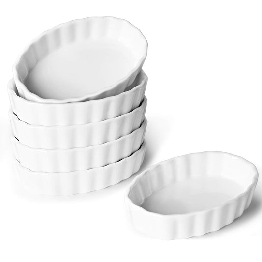ONTUBE Small Ramekins -Porcelain Oval Shape Ramekins for Creme Brulee Dishes,Dipping Sauces,Baking Pudding Cups, Souffle Dish,Oven Safe,Set of 6, White