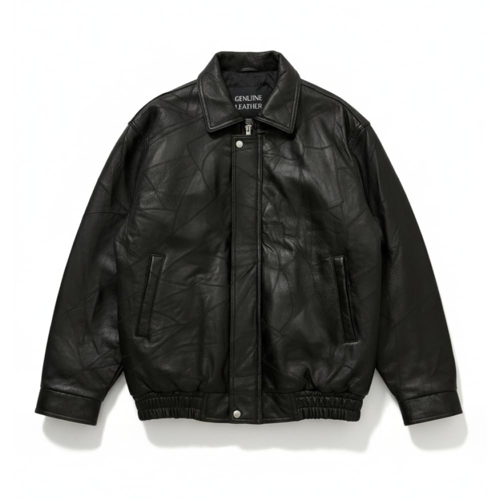 XINMALL Men’s Genuine Leather Motorcycle Jacket Black Bomber Style Zip-Up Baseball Collar Biker Leather Coat (US, Alpha, Medium, Regular, Regular)