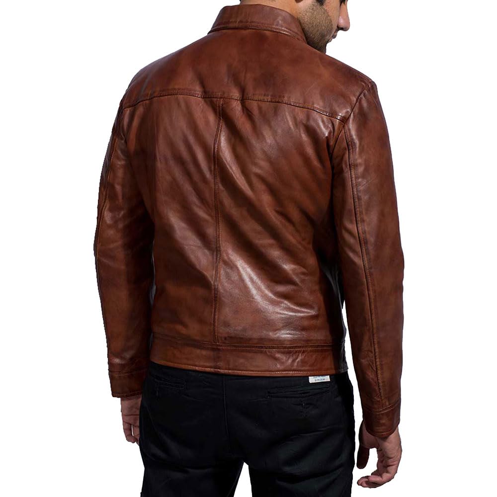 Mens Leather Jacket - Real Lambskin Classic Vintage Style Leather Jackets For Men Brown Leather Jacket for Mens (US, Alpha, Small, Regular, Regular, Brown)
