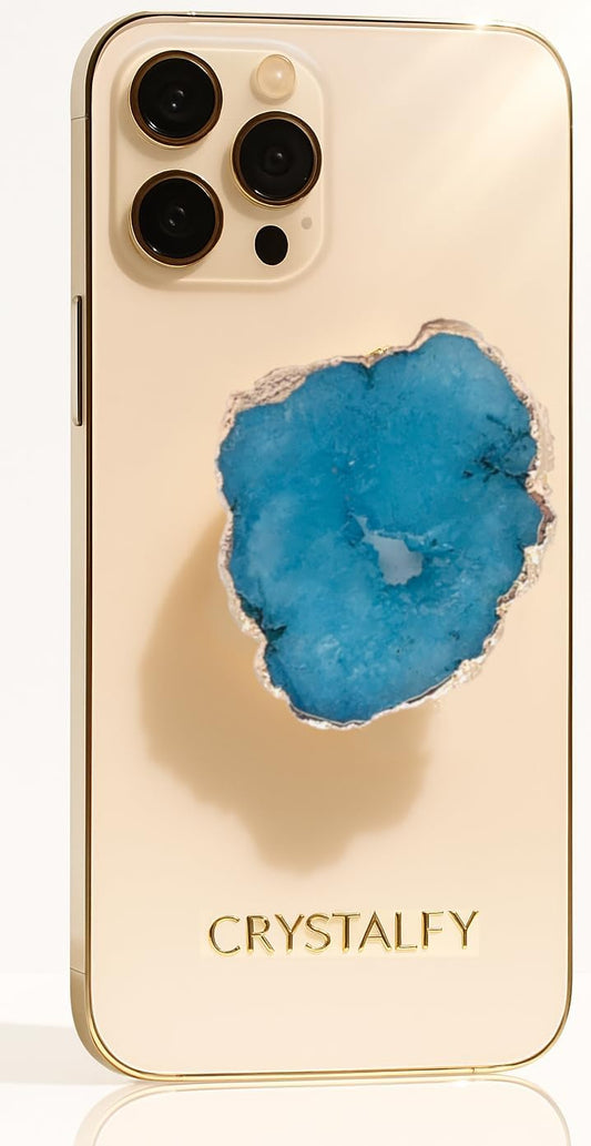 CRYSTALFY Grips by Blue Druzy Quartz Raw with Openings Crystal Phone Grip Holder & Expanding Kickstand - Natural