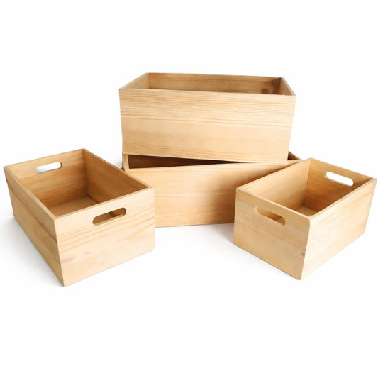 Oojami Unfinished Wooden Crates 4 Pack for Storage & Display Nesting Wood Boxes with Handles, Organizer Bins for Crafts, Decor, Farmhouse, Kitchen, Pantry - Pine